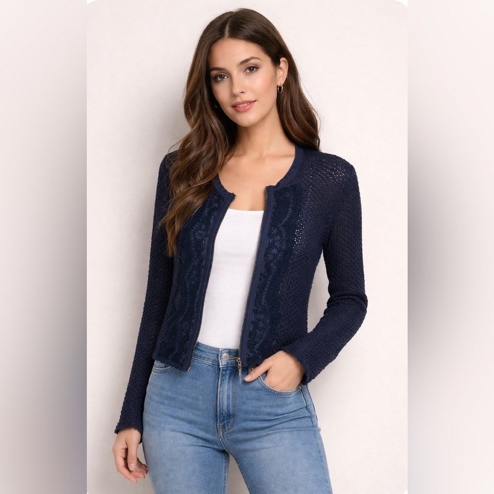 Free People Top Cardigan Knit Moto Zip Femme Fatale Embroidered